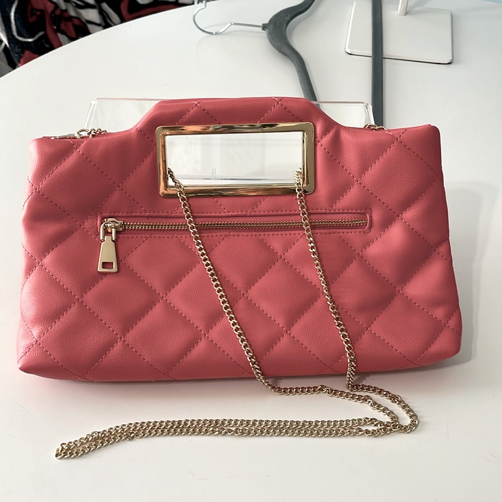 INC coral handbag, gold, trim, detachable shoulder strap/chain, quilted fabric